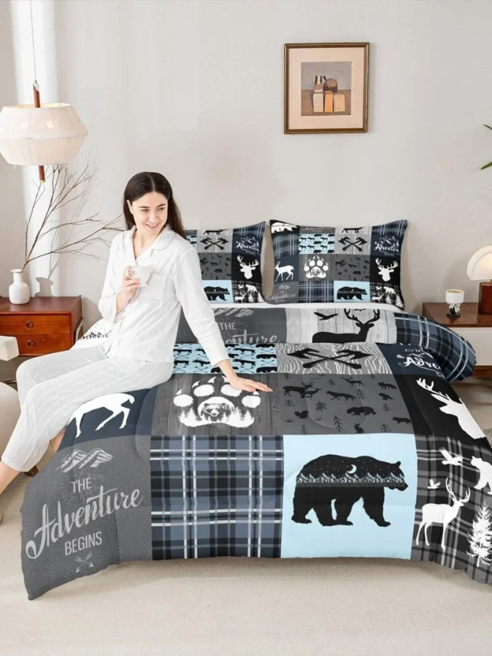 Cabin Retro Rustic Lodge Quilt King Size, Bear Deer Country Comforter Set For Ki